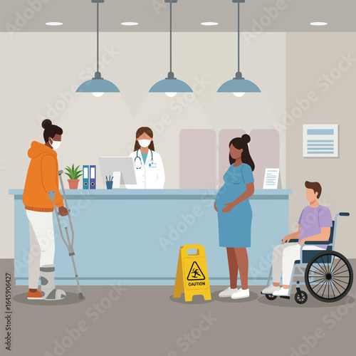 A hospital waiting room scene with patients, a doctor, and a caution sign near the reception desk, showcasing healthcare accessibility and medical care
