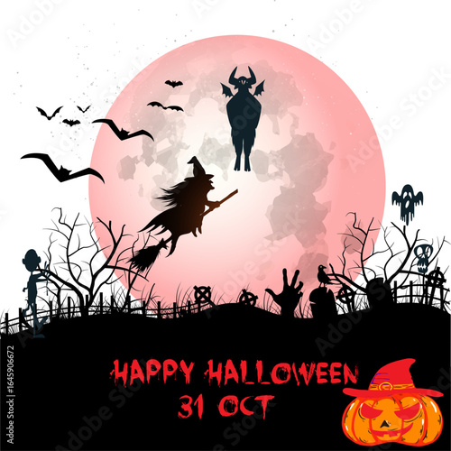 Spooky scene with a shadowy witch, glowing pumpkin lantern, and a foggy forest backdrop

