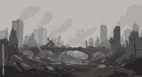 Desolate cityscape panorama depicts urban decay with a bridge, destroyed buildings, abandoned cars, and smoke plumes under a somber sky.
