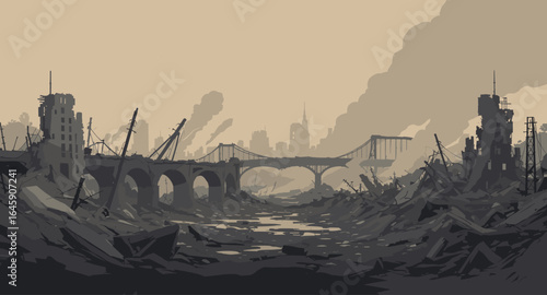 Devastated urban landscape with destroyed buildings, rubble, and a broken bridge under a hazy sky signaling post-apocalyptic ruin