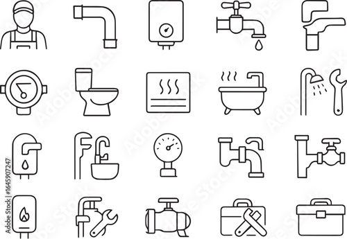 Heating and Plumbing Line Icon Set – Plumber, Pipe, Boiler, Faucet, Radiator, Gas Wrench, Toilet Outline Vector Collection