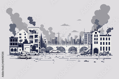 Urban disaster scene with smoke billowing from buildings and abandoned cars on a debris-strewn street