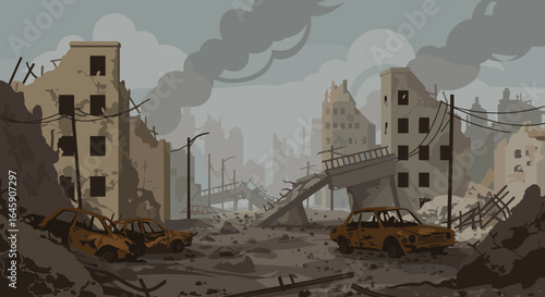 Devastated city landscape with ruined buildings, debris, and abandoned cars under a smoky sky, evoking post-apocalyptic scenes.