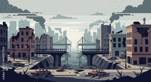 Desolate city skyline with destroyed bridge and damaged buildings evoking post-apocalyptic urban ruin and disaster aftermath