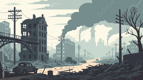 Post-apocalyptic urban landscape with ruined buildings and industrial smog creating a bleak, desolate atmosphere