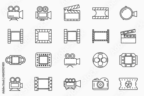 Collection of outlined film industry related icons including cameras film reels and clapperboards artfully arranged