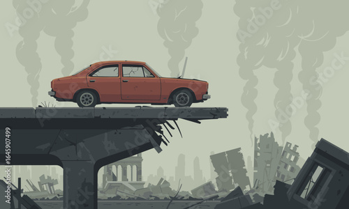 Abandoned car on a broken bridge amidst urban destruction and smoke, symbolizing post-apocalyptic desolation and travel disaster.