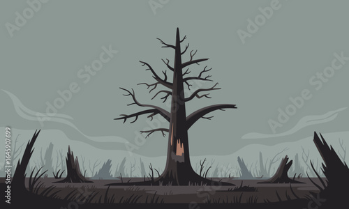 Stark dead tree silhouetted against a desolate, misty landscape evoking themes of environmental decay and resilience