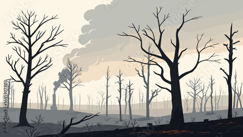 Stark landscape depicts aftermath of devastating forest fire with smoke plumes rising over barren trees and charred earth