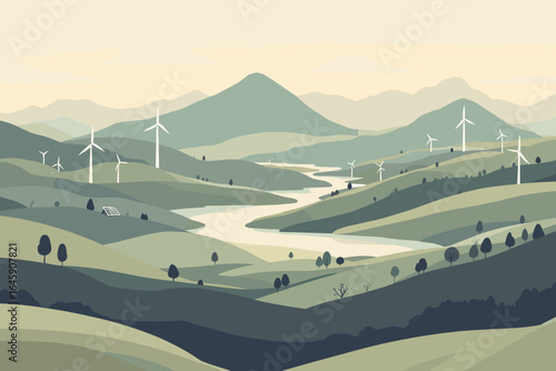 Sustainable wind turbines and solar panels powering a serene landscape with a winding river and majestic mountains