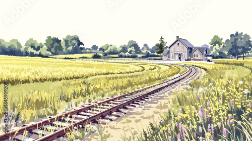 Charming watercolor scene of a train track curving through a sun-drenched meadow towards a picturesque country house.