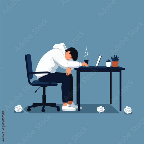 A tired man with his head on the desk, feeling exhausted and stressed from work, surrounded by crumpled paper and a cup of coffee on a blue background