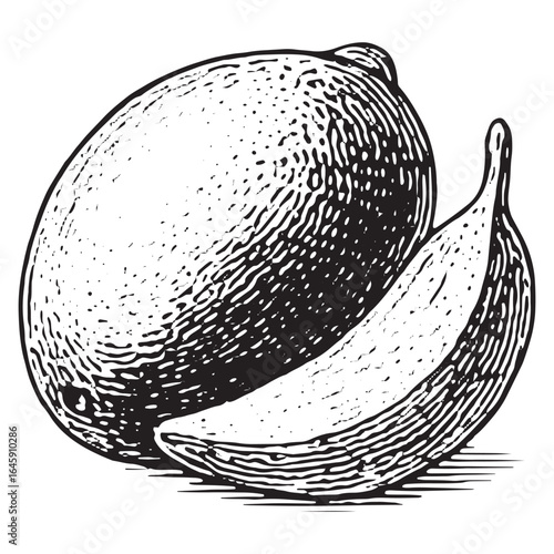 Hand-Drawn Illustration of Fresh Sapodilla Tropical Fruit Slice in Vintage Engraving Style