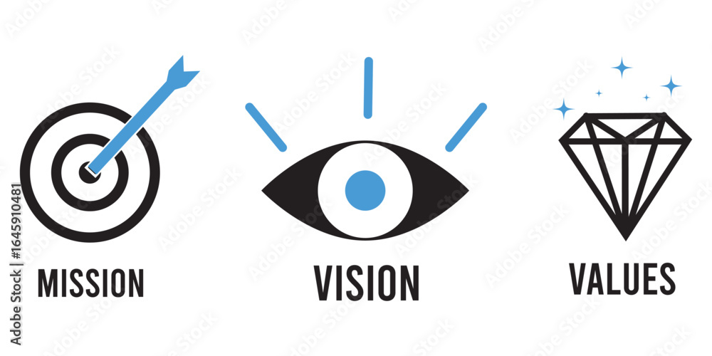 Obraz premium Mission Vision Values of company icon set, Success symbol isolated Organization mission flat simple info graphics design template. Target with arrow, business view and diamond icons. Vector icon.