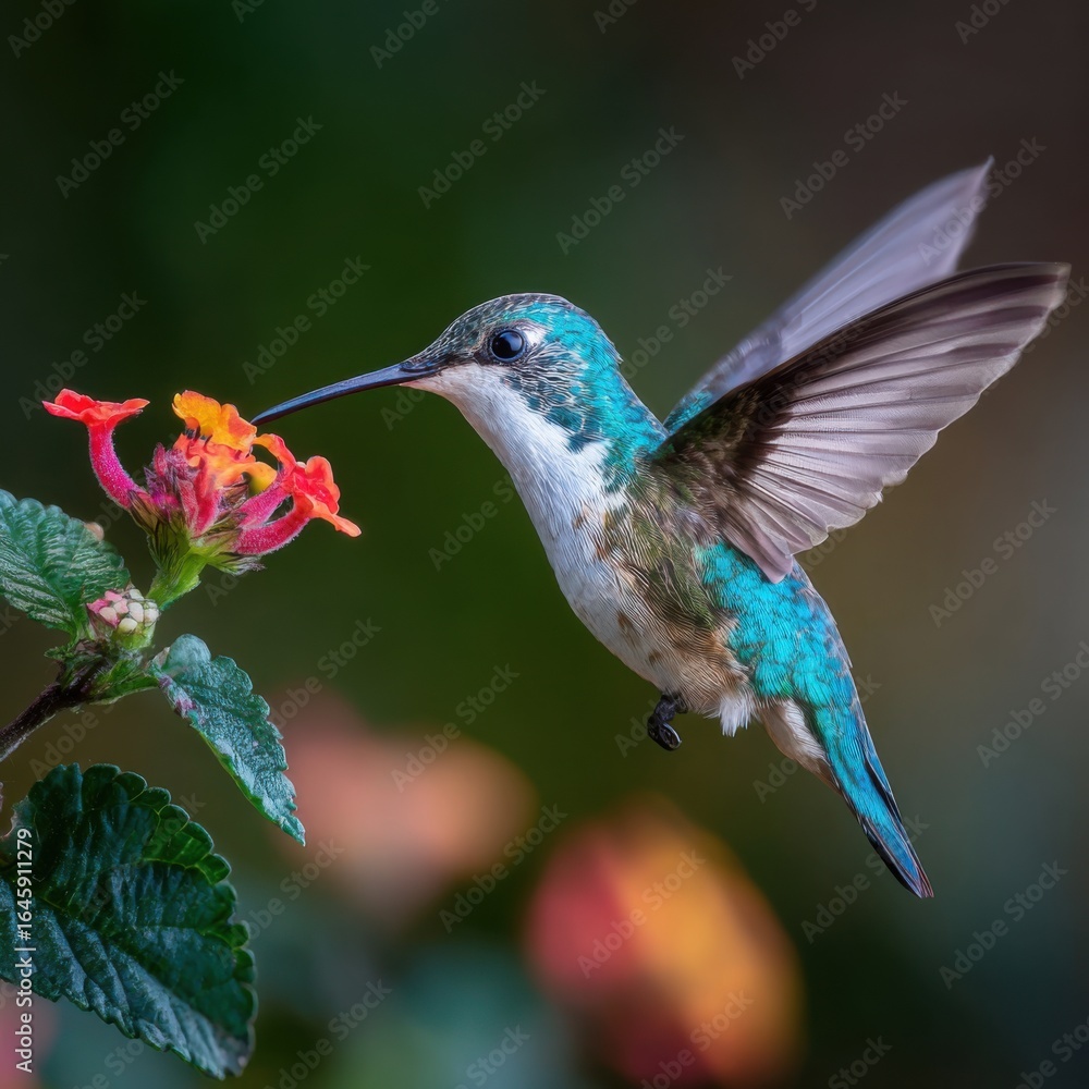 Fototapeta premium On a Black Background a High Speed Flash Photo of a Hummingbird