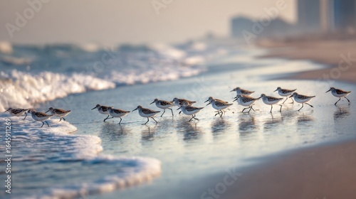 On a Morning Beach Sandpipers are Seen Chasing the Waves