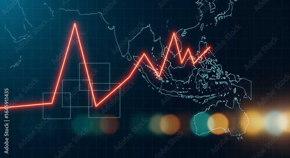 Obraz premium Glowing Red Trend Line on Digital World Map, Macro Trading Concept