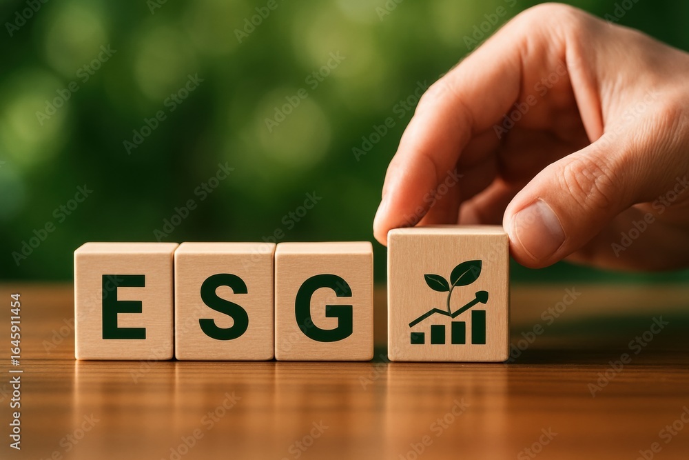 Naklejka premium ESG Concept: A close-up shot captures a hand arranging wooden blocks to spell ESG with a visual representation of growth, symbolizing sustainable business practices and environmental responsibility.