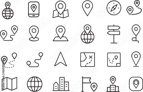 Map Pin Line Icon Set – Location, Push Pin, Map Marker, GPS, Route, Flag, Navigation, Geolocation Outline Vector Collection