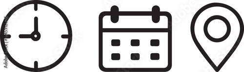 Clock calendar location schedule appointment reminder event date time place icon graphic planning