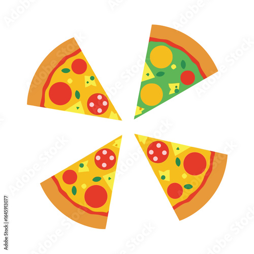 Vector art of four slices of pizza arranged in a circular pattern, isolated on white background