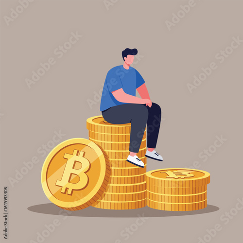 A man sitting on a stack of golden bitcoins, representing the concept of digital currency and financial investment in the cryptocurrency market