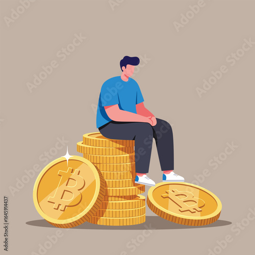 A man sitting on a stack of golden bitcoins, representing the concept of digital currency and financial investment in the cryptocurrency market