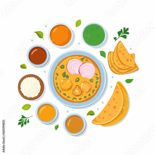 Flat style icons of famous Indian cuisine dishes