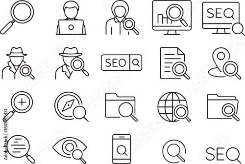 Search Line Icon Set – Magnifying Glass, Research, Analysis, Monitoring, SEO, Explore, Zoom Outline Vector Collection