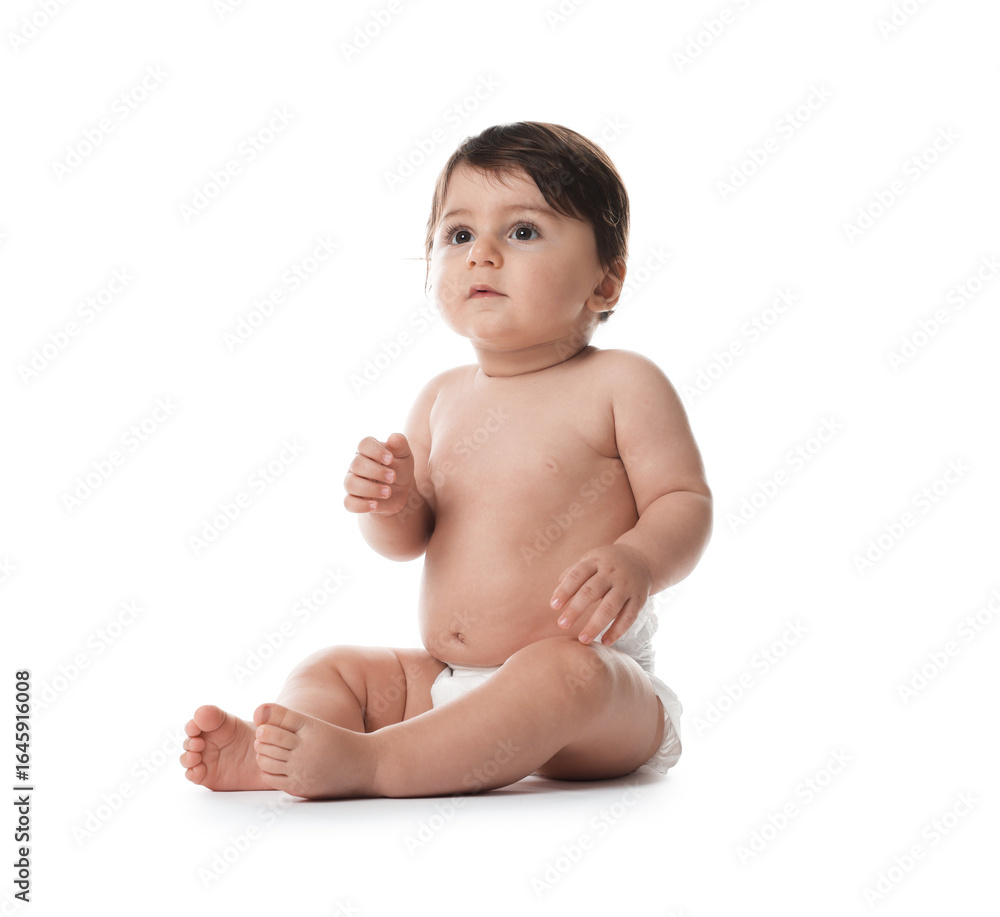 Cute little baby in diaper on white background Cute little baby in diaper on white background
