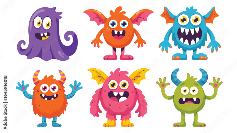Naklejka premium Six Colorful Cartoon Monsters With Different Expressions And Features characters cute
