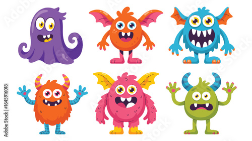 Six Colorful Cartoon Monsters With Different Expressions And Features characters cute