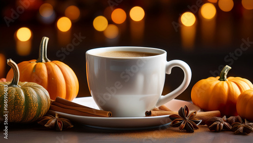 Coffee Cup Surrounded by Pumpkins and Spices Shimmering Lights Bokeh Background