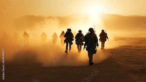 Group of soldiers walking together in golden light, with shadows cast on the ground, symbolizing unity, teamwork, and strength
