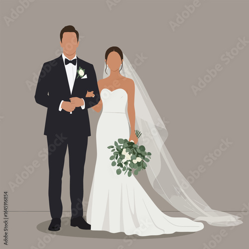 A bride and groom in formal attire are posing for a wedding day portrait, the bride is holding a bouquet and wearing a veil, the groom is in a tuxedo