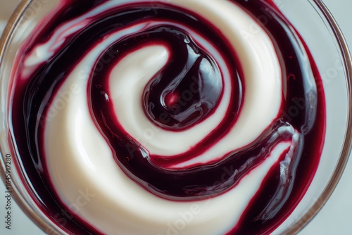 Swirl of Yogurt and Berry Sauce in Glass Bowl, Top View