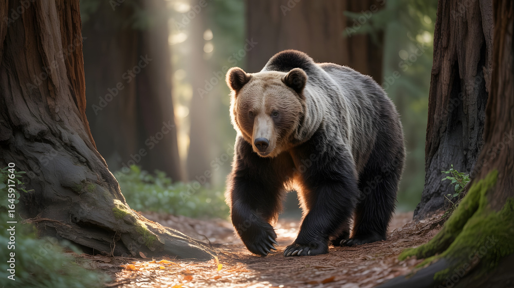 Fototapeta premium A Majestic Grizzly Bear Strolling Through a Sun-Drenched Forest Glade