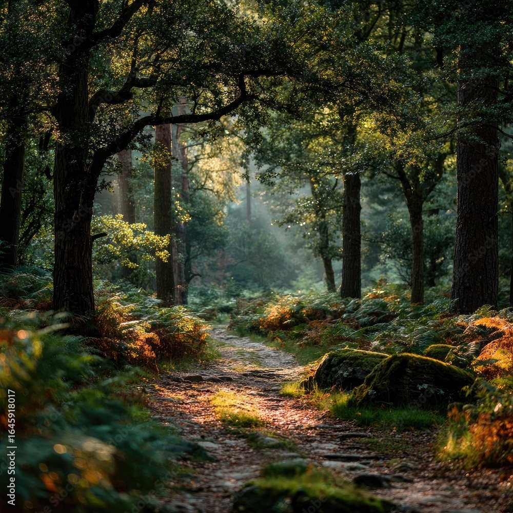 Naklejka premium Sunlit forest path, dappled sunlight filtering through trees