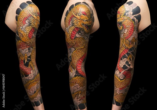 Colorful Japanese dragon full arm tattoo