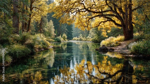 Tranquil autumnal river scene.  Golden leaves reflect in still water
