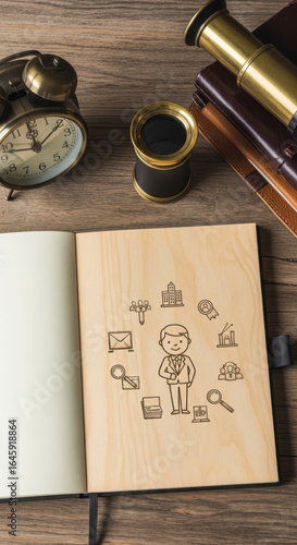 Vintage detective notebook with sketches of clues and a character isolated on transparent background