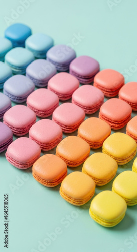 Colorful french macarons arranged in a diagonal gradient of pastel shades on a light blue background isolated on transparent background