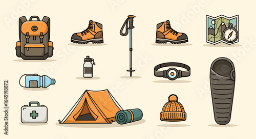Illustration of camping gear including a backpack, boots, tent, and other supplies needed outdoors