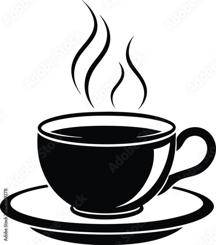 Black silhouette of a steaming cup of coffee on a saucer isolated on white background