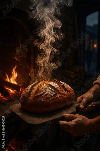 A hyper-realistic, high-resolution, super-slow-motion macro scene captures the moment a rustic baker draws a steaming loaf of bread from a blazing stone oven at dusk.