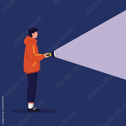 A man with a flashlight is searching in the dark, illuminating the path ahead, symbolizing exploration, discovery, and the quest for knowledge and guidance