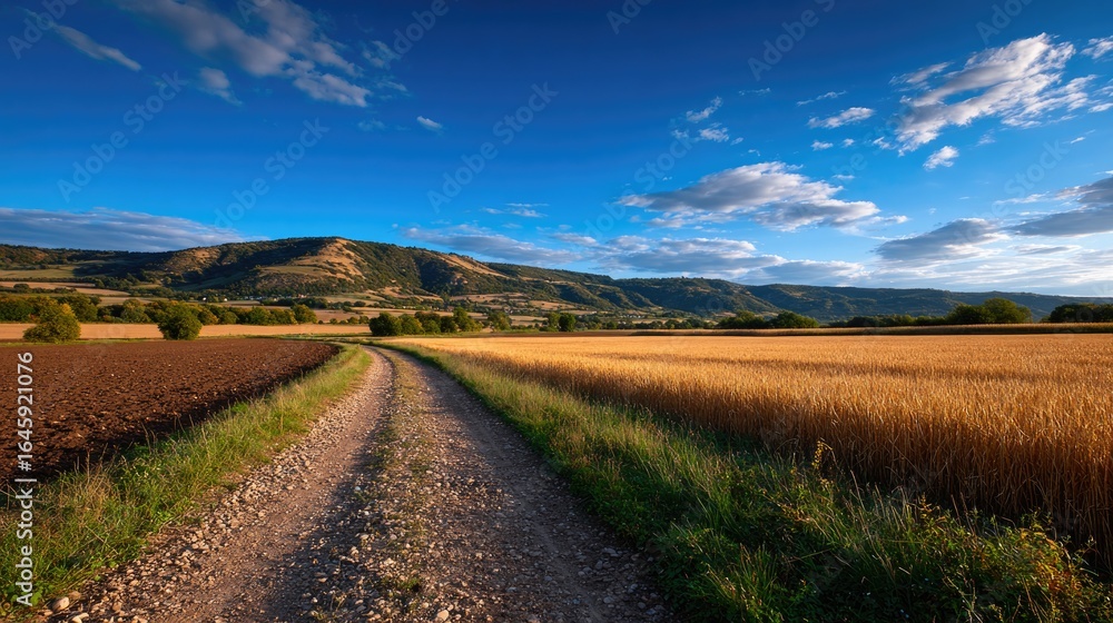 Naklejka premium Rural Road through Wheat Fields and Hills