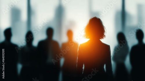 A woman leader stands confidently in front of her team in a modern office, illuminated by bright light