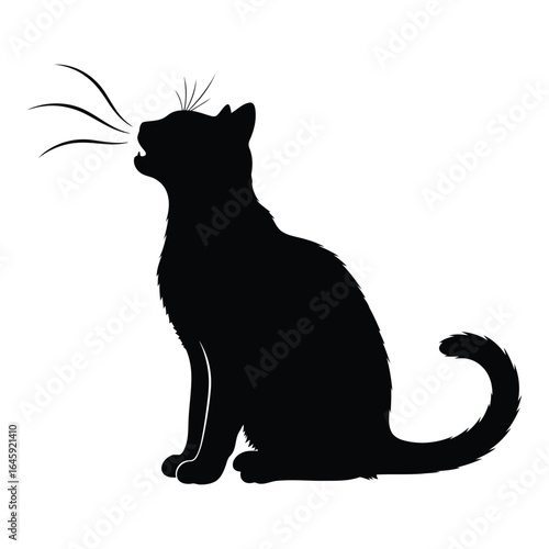 Silhouette vector art of black cat silhouette sitting and meowing isolated on white background