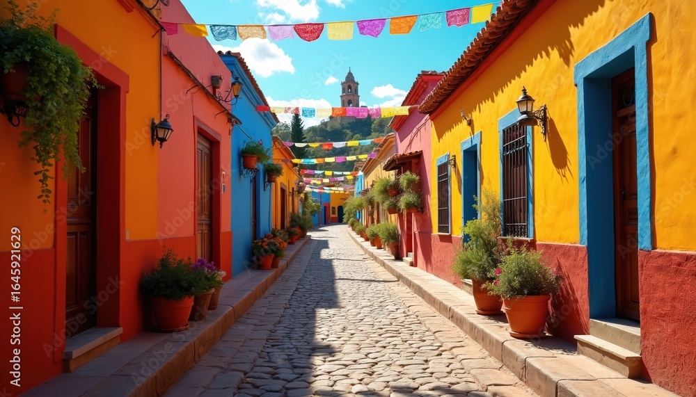 Fototapeta premium Vibrant Mexican village street lined with brightly colored houses, featuring festive decorations and potted plants. Cobblestone pathway leads through charming architecture under a sunny blue sky.